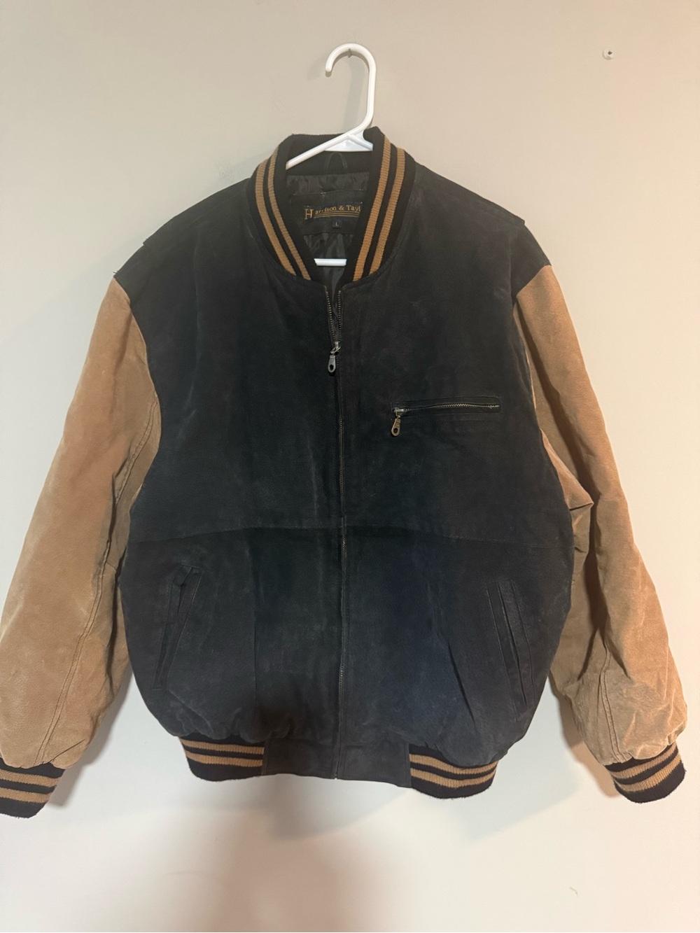 Vintage Harrison and Taylor Two-Tone Suede Bomber Jacket - Black & Tan